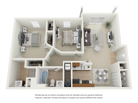 Floor plan for 2 beds, 2 baths, 933 sqft